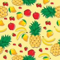 Mango pineapple apple strawberry banana cherry mix fruits seamless pattern on yellow abstract background vector