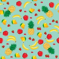 Mango pineapple apple strawberry banana cherry mix fruits abstract seamless pattern on green background vector