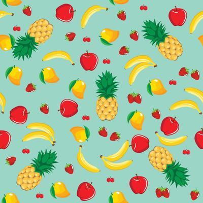 Mango pineapple apple strawberry banana cherry mix fruits abstract seamless pattern on green background