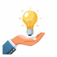 A illustration of a glowing light bulb resting on a human hand, symbolizing innovation, creativity, and bright ideas. Isolated on a white background, perfect for business, energy vector