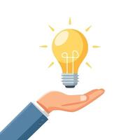 A illustration of a glowing light bulb resting on a human hand, symbolizing innovation, creativity, and bright ideas. Isolated on a white background, perfect for business vector
