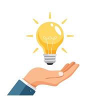Flat design of a businessman hand holding a lit light bulb. Represents innovation, vision, and business solutions. Clean white background for professional and presentation uses. vector