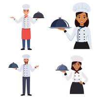 Chef Offering Pan with Serving Gesture Bundle Set vector