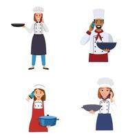 Chef Holding Pan Talking on Phone Bundle Set vector