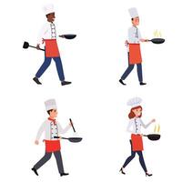 Chef Walking with Sizzling Pan Bundle Set vector