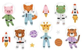 Cute animals astronauts in space, set, with planets, stars and spaceships. Flat design blue, art cute vector