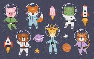 Cute animals astronauts in space, set, with planets, stars and spaceships. Flat design blue, big set vector