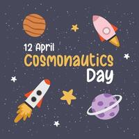 Cute astronauts in space, set, with planets, stars and spaceships. Flat design blue vector