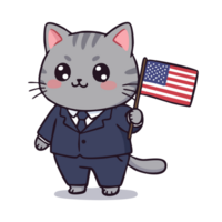 cute icon character Cat wearing a suit holding an american flag. png