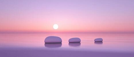 Serene sunrise over calm ocean with smooth stones, creating a peaceful and meditative seascape in pastel colors Concept of tranquility, zen, and mindfulness photo