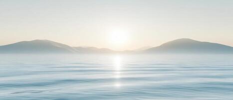 Serene seascape with mountains at sunrise, reflecting sunlight on calm water Concept of tranquility, nature, and peaceful morning photo