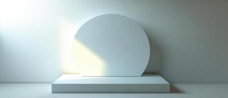 Minimalist geometric podium with circle backdrop and soft light in a studio setting Concept of product showcase, presentation stage, and modern design photo