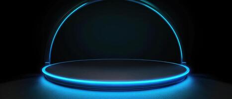 Futuristic neon blue podium stage with glowing arch on dark background Modern showcase for product presentation, technology, and digital display photo