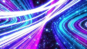 Digital futuristic tunnel or travel in time and space at high speed, moving bright neon lines and a stream of glowing particles. High-tech corridor, warp speed, wormhole video