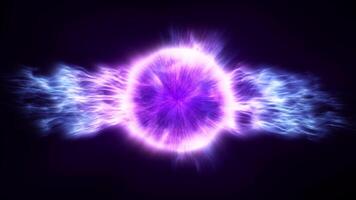 Abstract glowing sphere made of particles, dots and waves in blue and purple, digital technology and atomic science background with bright glow. Seamless loop video