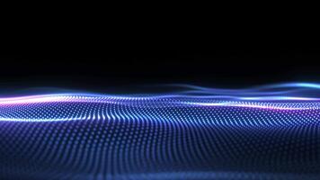 Abstract digital glowing dynamic particle waves with motion light background, data flow, cyber technology. 3d rendering. Seamless looping 4k. Data flow intro video