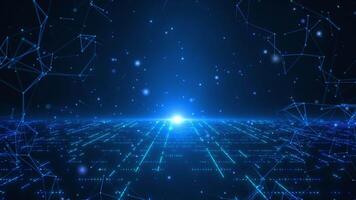 Abstract scene of futuristic cyber world, sci-fi grid and plexus, big data and particle flows, technological glowing surface, neon night scene, digital science background 4K animation video