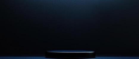 Elegant dark blue product display podium with metallic trim against a textured backdrop for luxury branding and presentation photo
