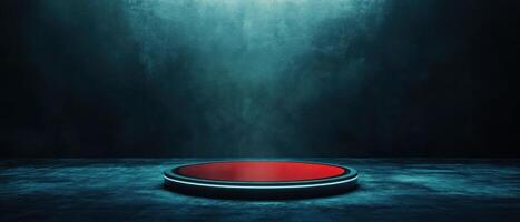 Futuristic red podium with neon light in dark blue grunge room Concept of product showcase, stage, and modern technology photo