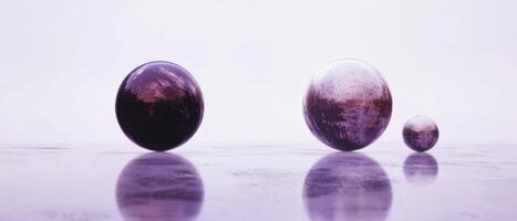 Abstract still life of three purple spheres with reflections on a wet surface, creating a minimalist and modern concept photo