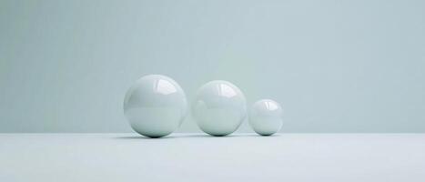 Three glossy spheres of varying sizes on a light blue background, representing growth, progression, and minimalist design photo