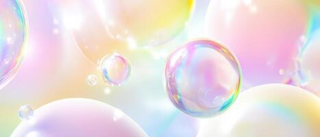 Iridescent Soap Bubbles Floating on Pastel Background, Abstract Dreamy Texture with Rainbow Colors and Light Refraction photo
