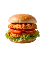 Close-Up of a Crispy Chicken Fillet Burger with Green Lettuce and Red Tomato png