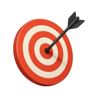Red and white dartboard with arrow hitting bullseye isolated on transparent background, png