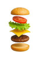 Floating cheeseburger ingredients stack isolated on transparent background, png