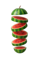 Sliced Watermelon Floating in Spiral Layers Isolated on Transparent Background, png