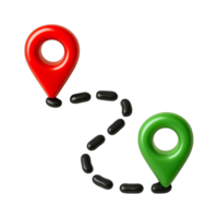 Red and green map location pins with dotted path isolated on transparent background, png