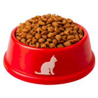 Red cat food bowl filled with dry kibble isolated on transparent background, png