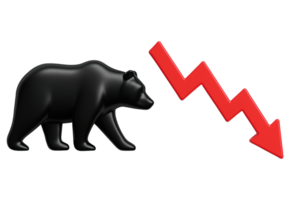 Black bear walking and red zigzag down arrow isolated on transparent background, png