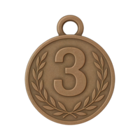 Bronze third place medal with number 3 and laurel wreath isolated on transparent background, png