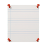 Lined notebook paper with red push pins isolated on transparent background, png