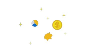 Piggy bank, dollar coin and pie chart surrounded by sparkles 2D animation. Piggybank, money savings, piechart in twinkles animated objects cartoon flat concept metaphor 4K isolated on white video