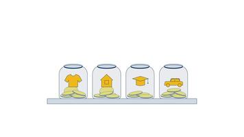 Organized savings for major life goals 2D animation. Personal budget. Four jars on shelf with coin falling into each jar animated objects cartoon flat concept metaphor 4K isolated on white video