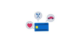 Credit card with spending categories 2D animation. Budgeting. Cost management. Daily expenses in speech bubbles, creditcard animated objects cartoon flat concept metaphor 4K isolated on white video