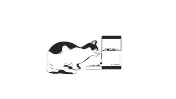 gato cariñosamente comiendo desde automático alimentador contorno mano dibujado 2d personaje animación. inteligente mascota cuidado. alimentación automatización. iot dispositivo felino animado animal dibujado a mano aislado. garabatear dibujo 4k video