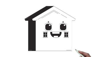 feliz casa com sorridente face esboço mão desenhado 2d personagem animação. amigáveis habitação. casa construção com alegre personalidade animado personagem desenhado à mão isolado. rabisco desenhando 4k video