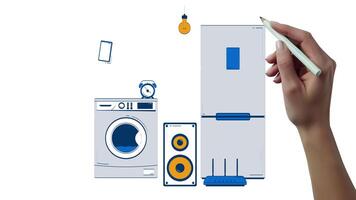 Connected via Wi-Fi smart home appliances hand drawn whiteboard animation. IoT fridge, washing machine, alarm clock, speaker, lightbulb animated doodle handdrawn concept pencil drawing 4K video