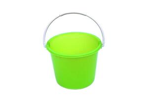 Empty plastic green bucket with white carry handle, isolated on white background. Concept, equipment for containing water, ice or others. Container for household. photo