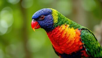 lorikeet bird side view, colorful feathers close up, tropical avian beauty photo