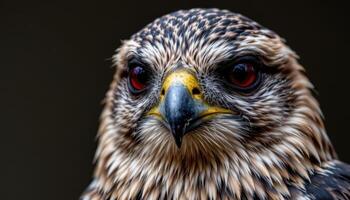 Close up of falcon on dark background, sharp eyes and feathers in dramatic photo style