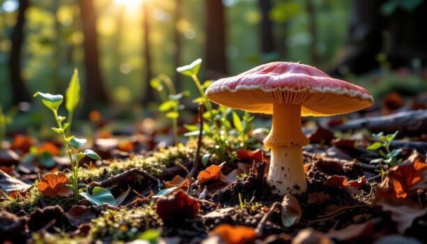 Sunlit forest mushroom with glowing reflections, natural texture for blogs or design use photo