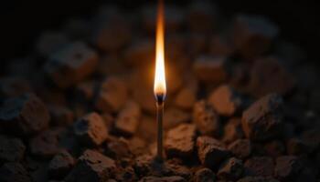 burning matchstick, bright flame, blurred ashes background, symbolic fire and light, emotional detail photo