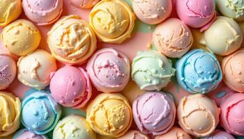 Pattern of pastel colored scoops of ice cream arranged artistically, representing summer minimalism, sweetness photo