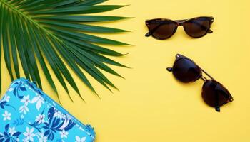 traveler accessories on yellow background with palm leaf camera and sunglasses flat lay top view stock photo. photo