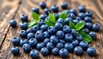 Fresh blueberries scattered on a rustic wooden table, celebrating natural health, vibrancy, and juicy sweetness. photo