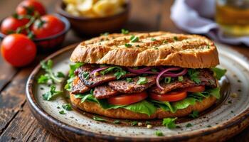 Grilled beef sandwich with fresh ingredients, gourmet food on rustic table photo